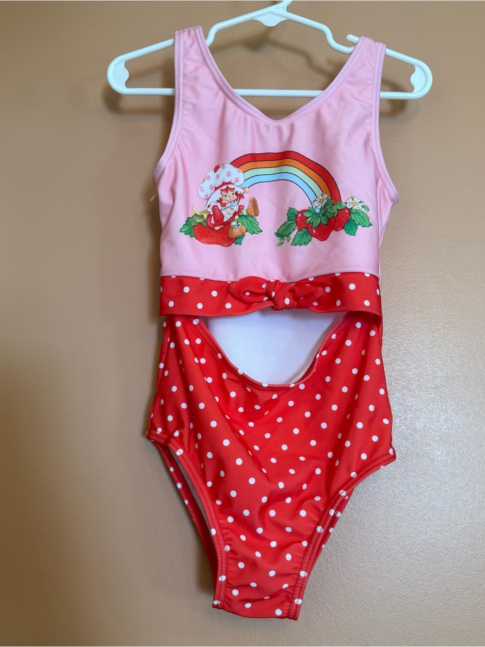 Strawberry Shortcake Girls 5/6 Pink Polka Dot One Piece Swimsuit NWOT